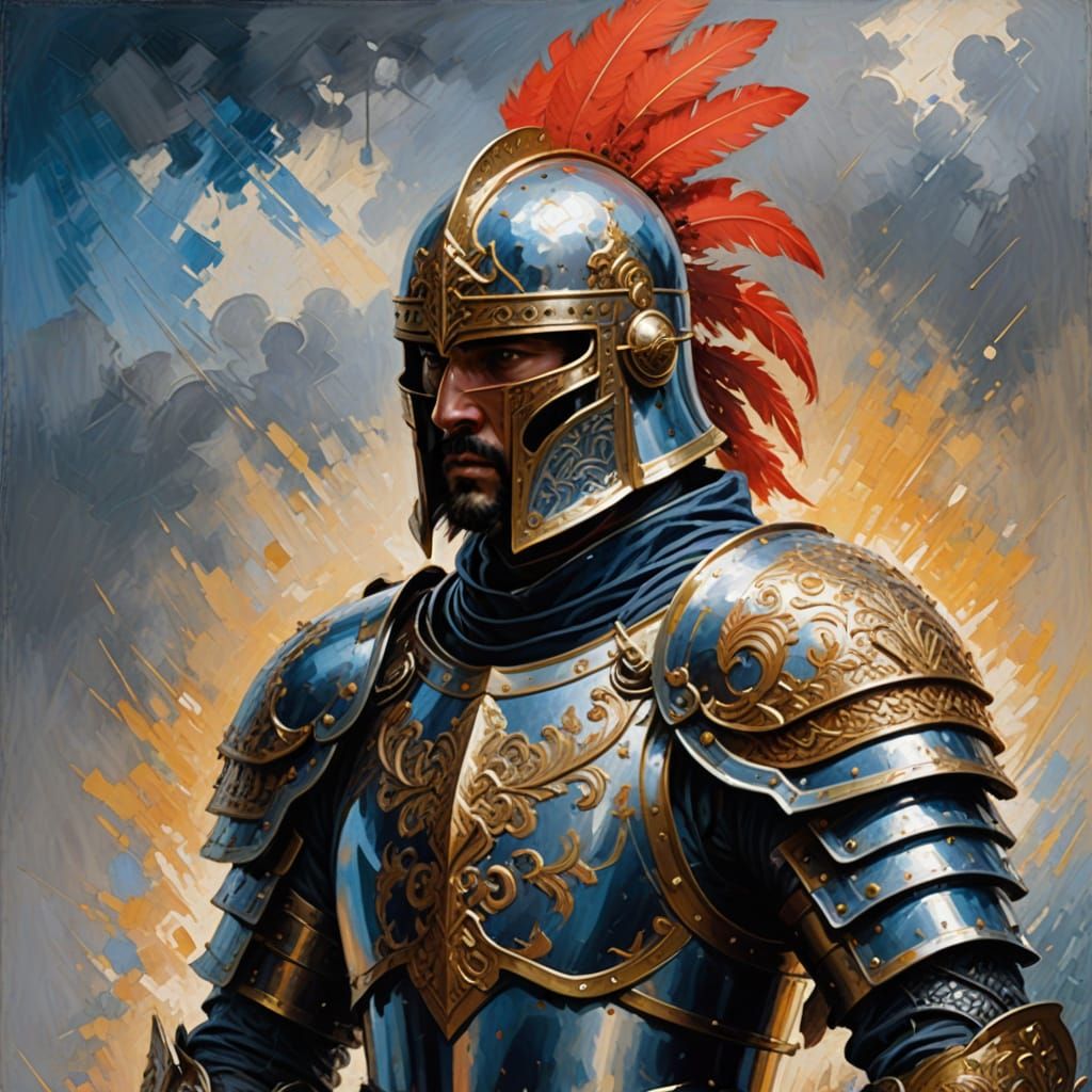 Regal Warrior in Ornate Armor, Digital Impressionist Style