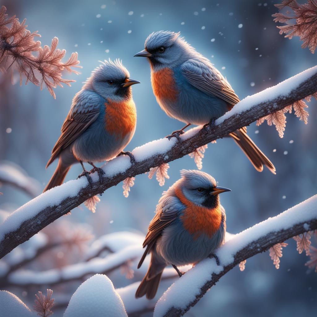Birds Huddled on Snowy Branch: Fantasy Concept Art