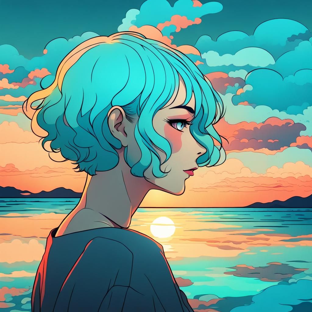 Cyan-Haired Woman and Sunset Reflection: Anime Style