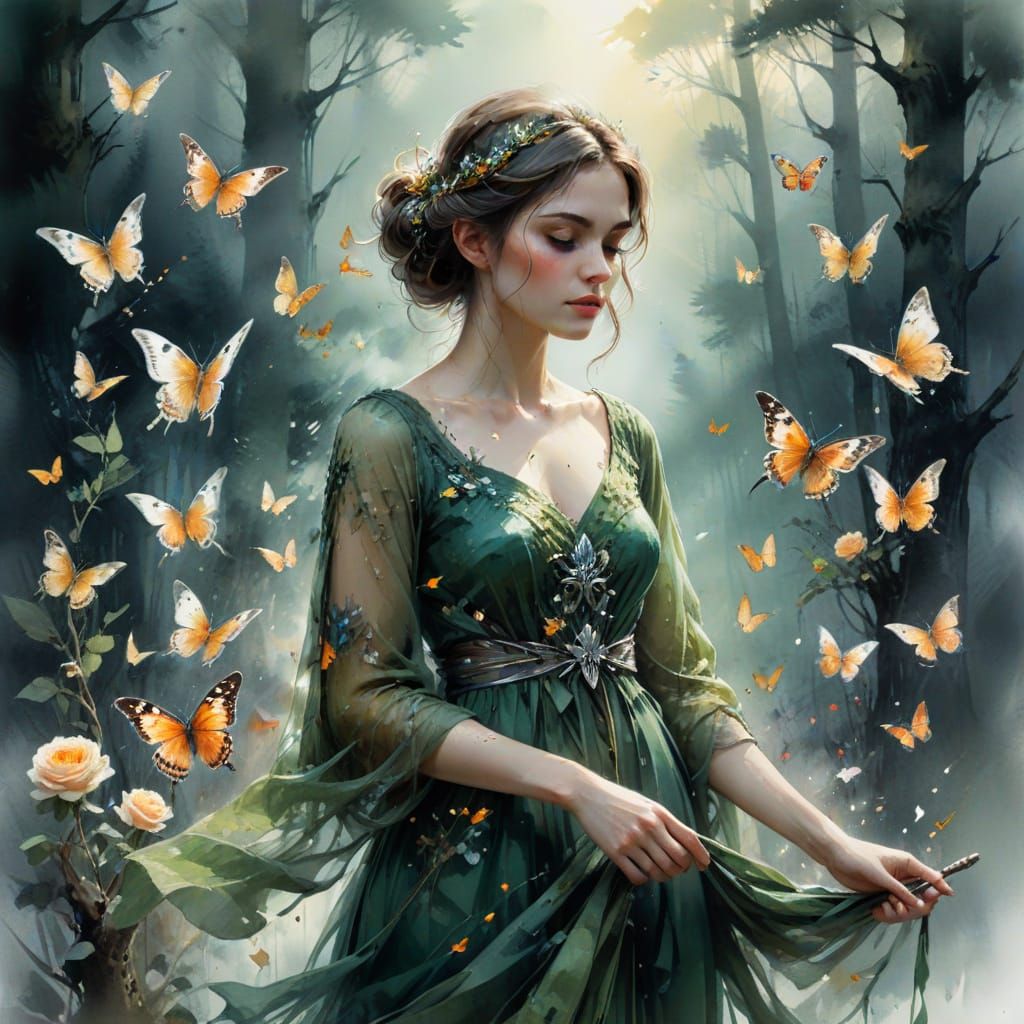 Enchanted Forest Owl Messenger with Woman in Green Gown