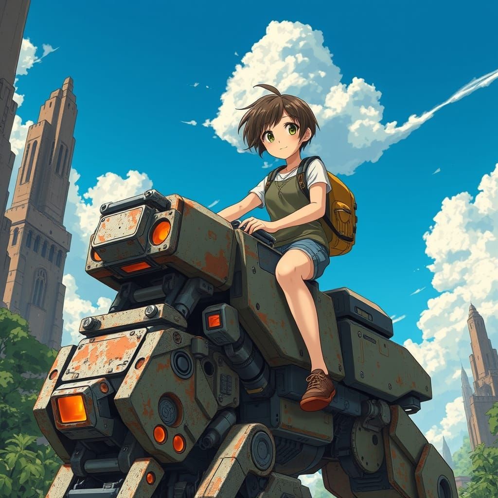 Girl Rides Mech in Vibrant Post-Apocalyptic Landscape