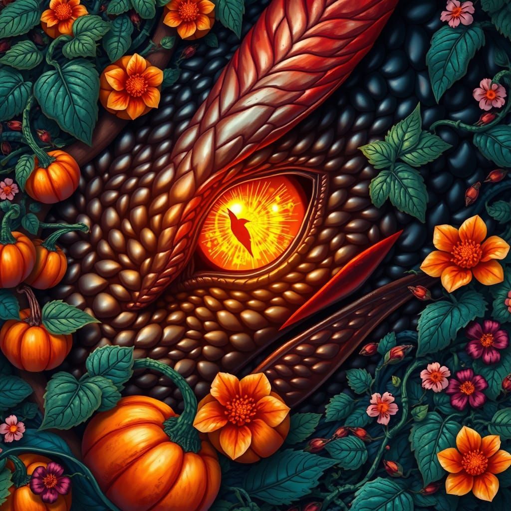 Fiery Dragon Eye Amidst Colorful Vines