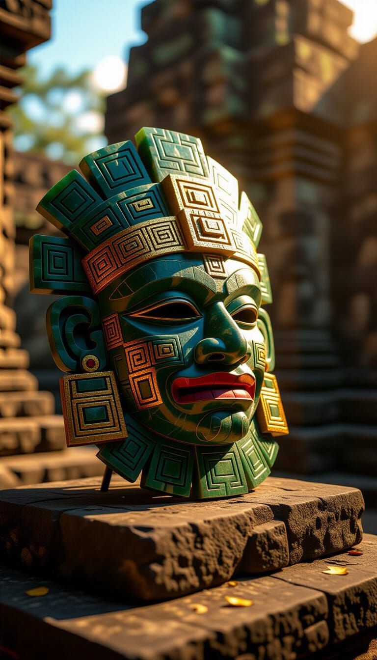 Mesoamerican Jade Mask on Altar at Sunrise