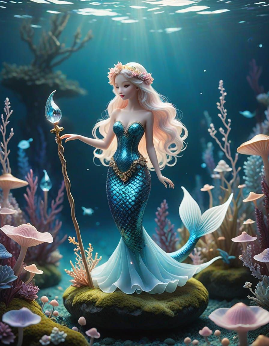 Dreamy Mermaid Wizard Riding Dolphin in Miniature Underwater...