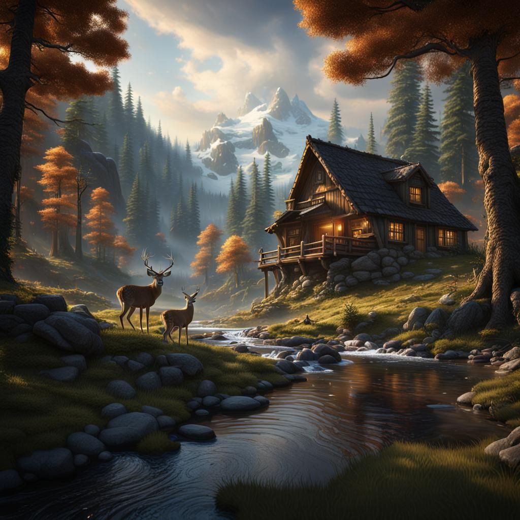 Mountain Cabin Retreat with Deer, Matte Painting