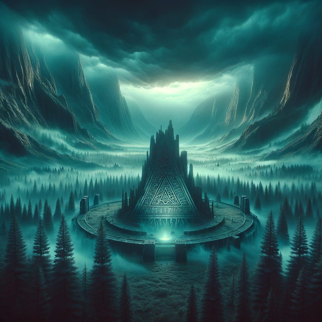 Mystical Nordic Landscape with Glowing Ancient Text