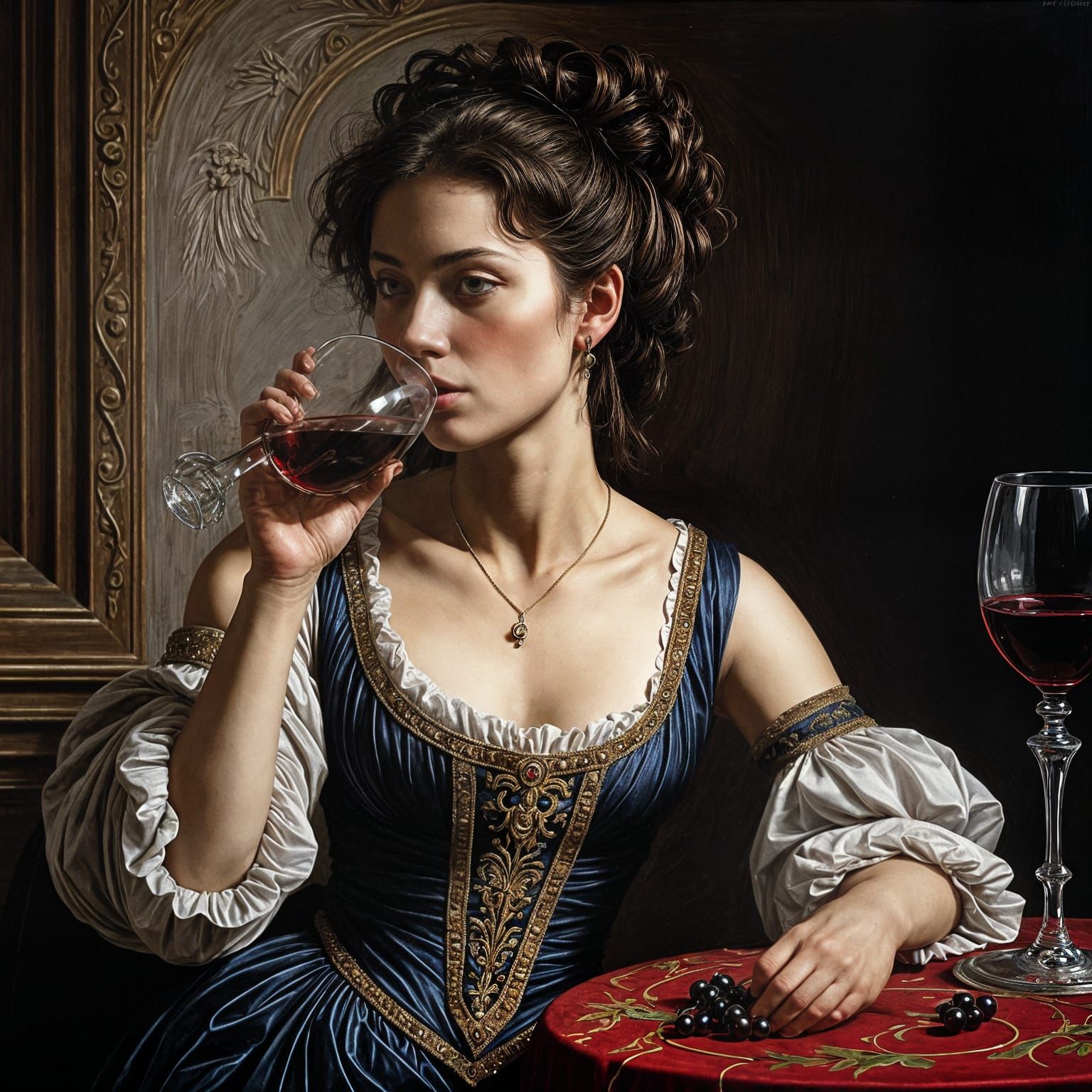 Caravaggio Style Painting of a Woman Drinking Wine