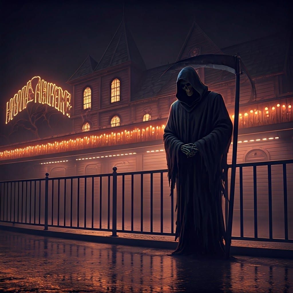 Grim Reaper Waits in Line at Haunted Amusement Park