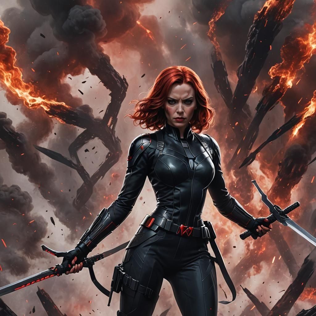 Black Widow with Swords in Cinematic Marvel Scene