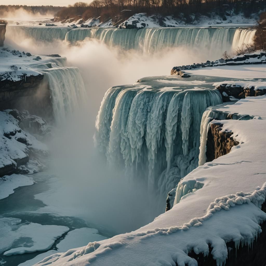 Frozen Niagara Falls at Dusk in Cinematic Style