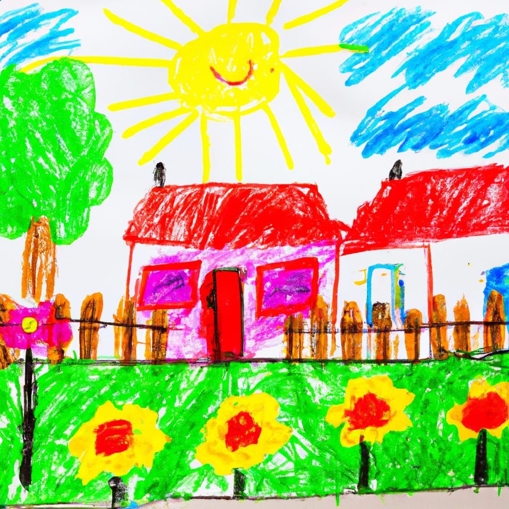 Colorful Child's Drawing of Summer Backyard