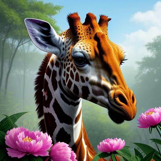 Vivid Giraffe with Butterfly in Magical Forest