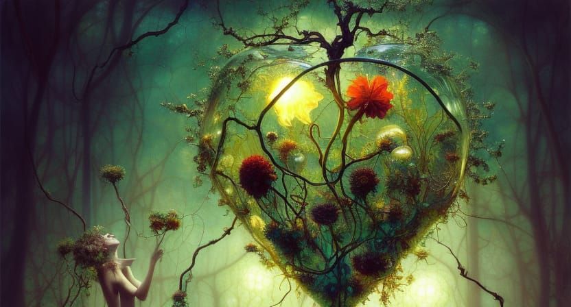 Crystal Heart Reveals Anatomical Blossoms in Surreal Scene