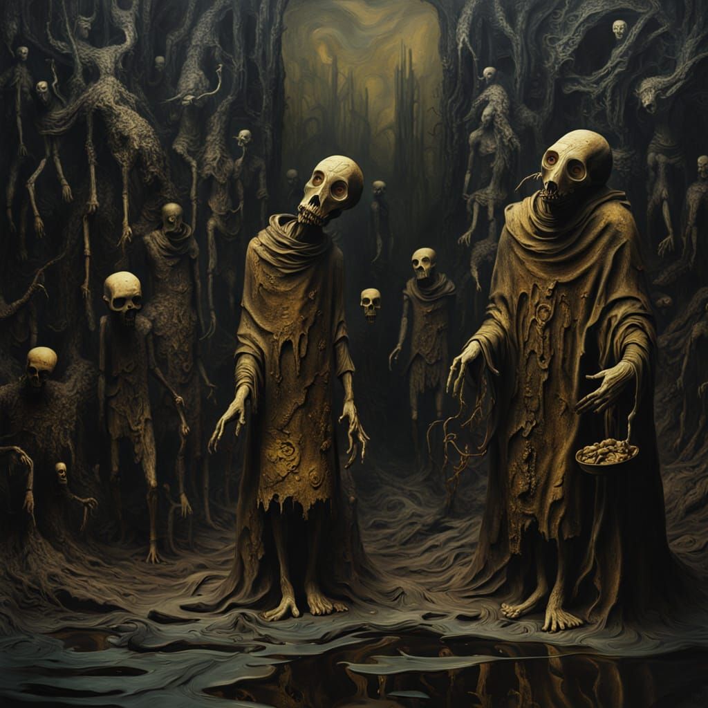 Dematerializing Clay Figures in Dark Fantasy Oil Painting