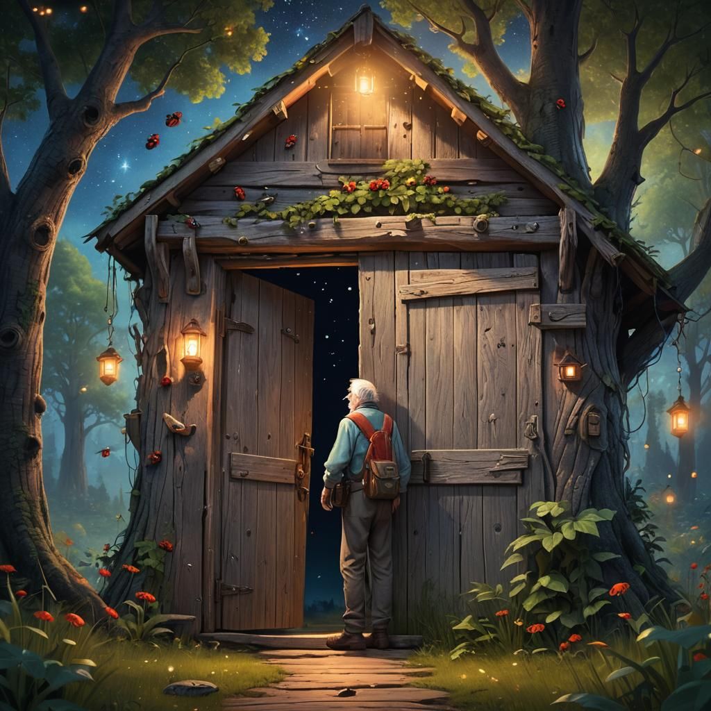 Whimsical Cabin Scene in a Vibrant Forest