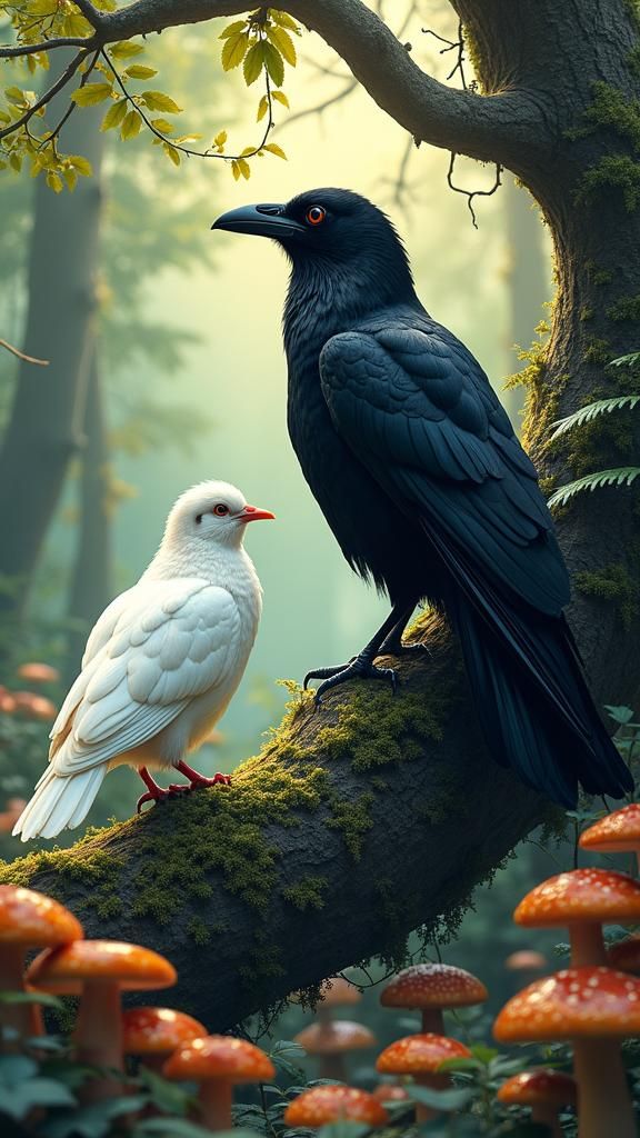 Crow and Dove in Mystical Forest: Abstract Vector Fractal