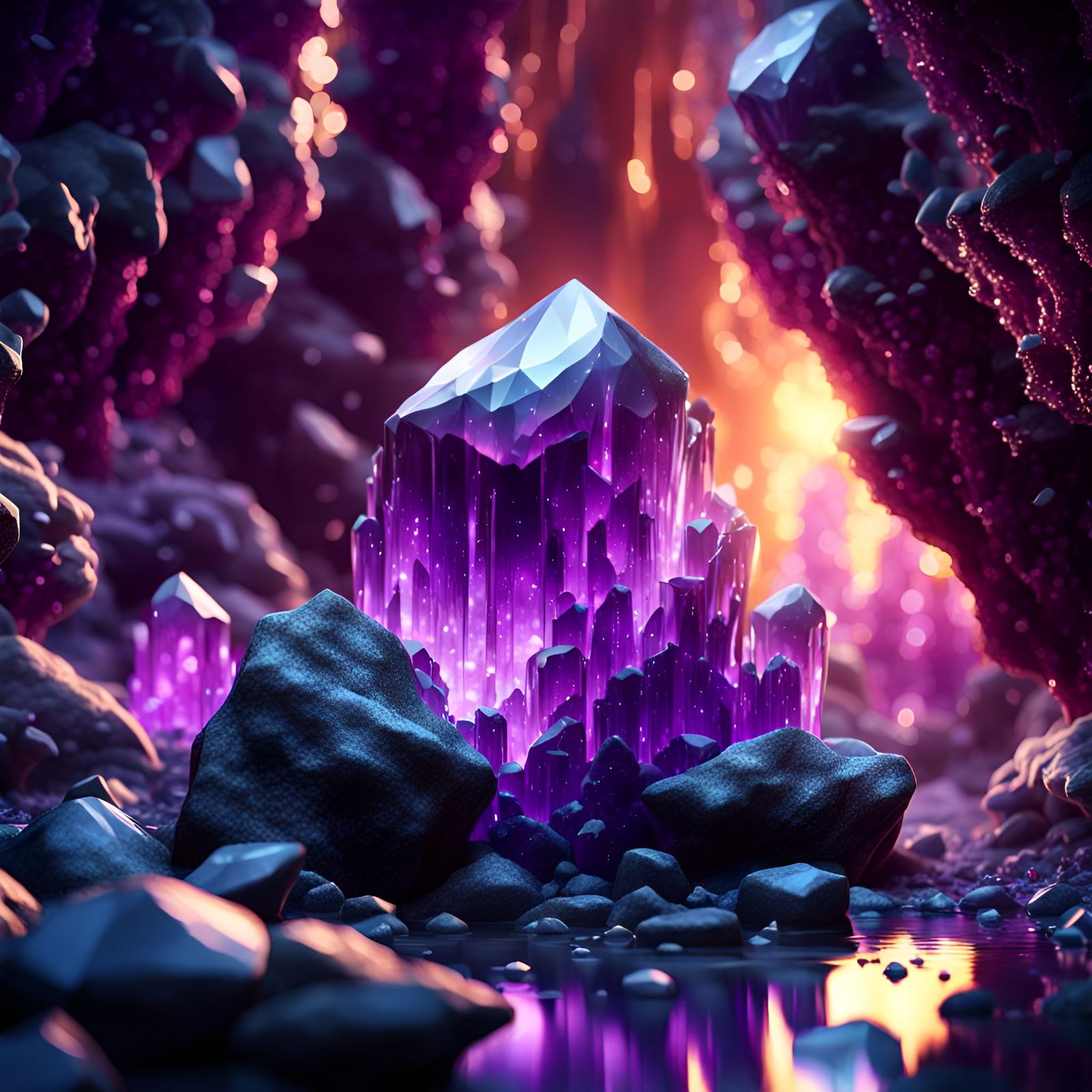 Bioluminescent Crystal Cave with Sparkling Amethyst