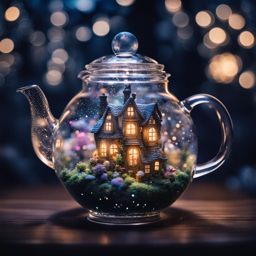 Fairy Village in Crystal Teapot with Galaxy Sky