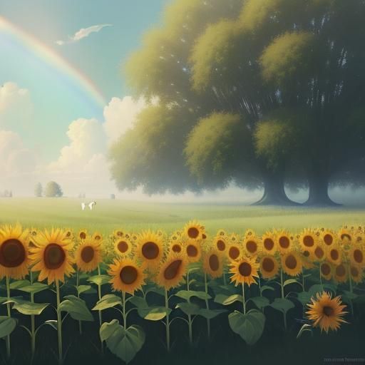Ethereal meadow, golden sunlight, towering sunflowers, green...