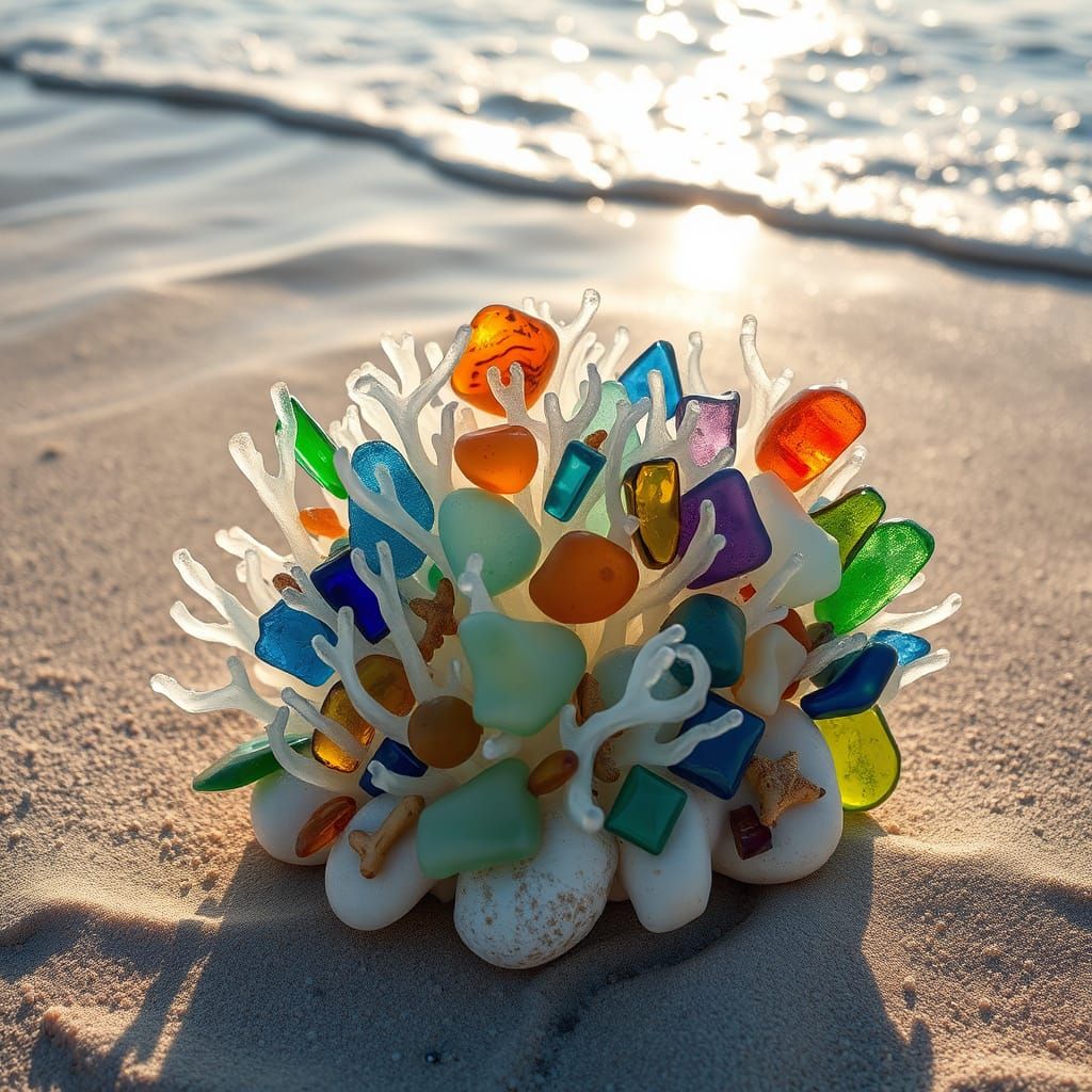 Sea Glass Coral Reef Sculpture with Shipwreck Fragments