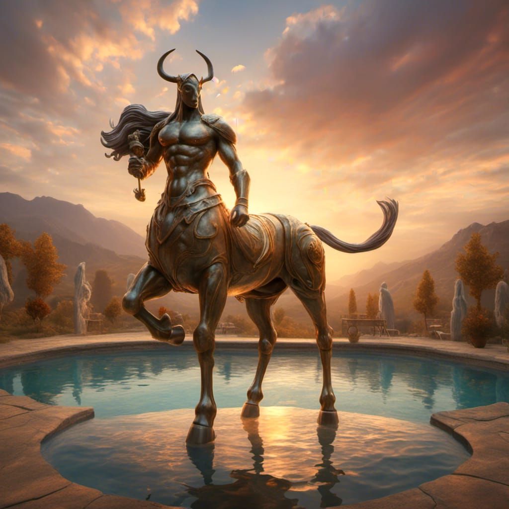 <lora:Centaur:1.0> Mythical centaur by pool sunset