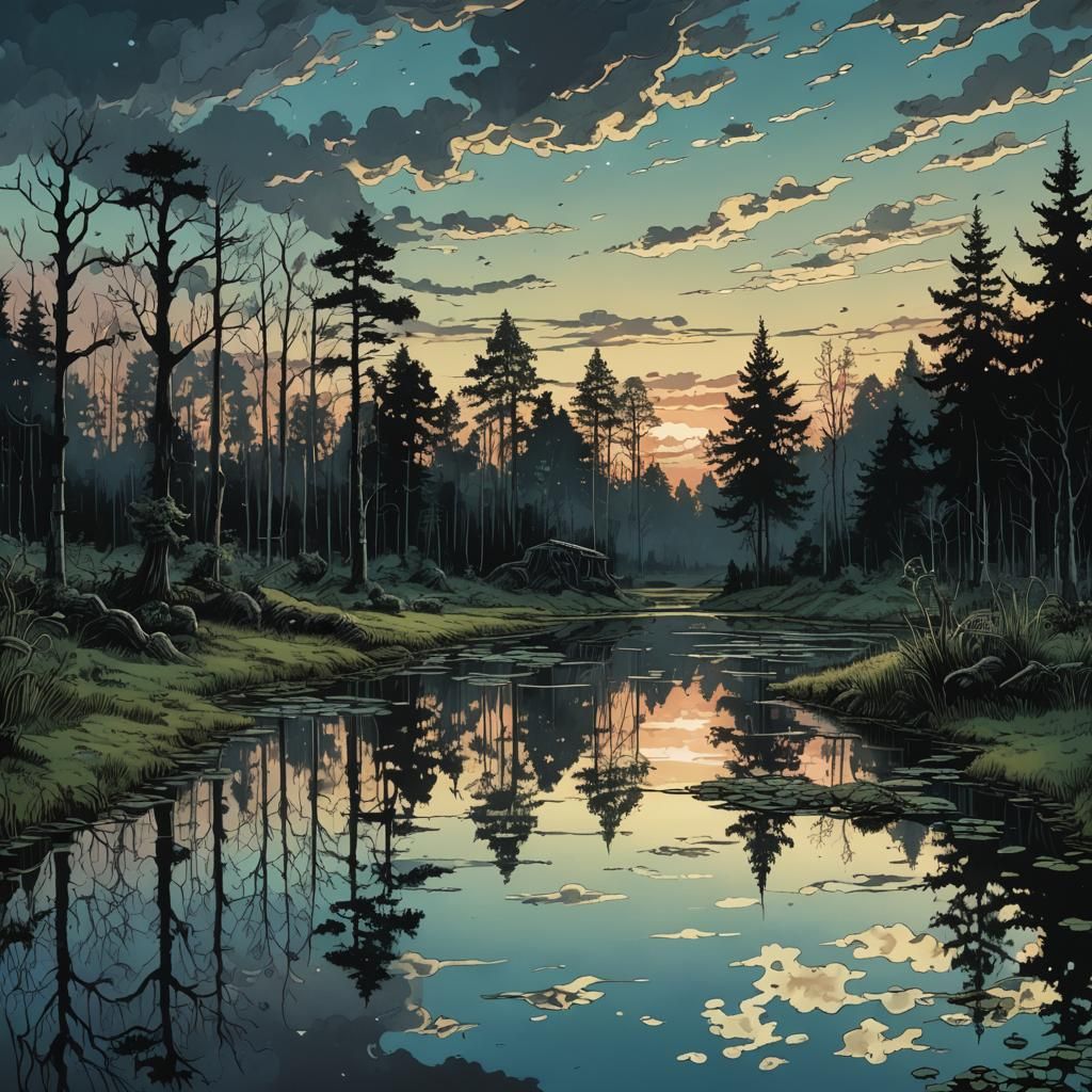 Surreal Forest Clearing Pond at Dusk