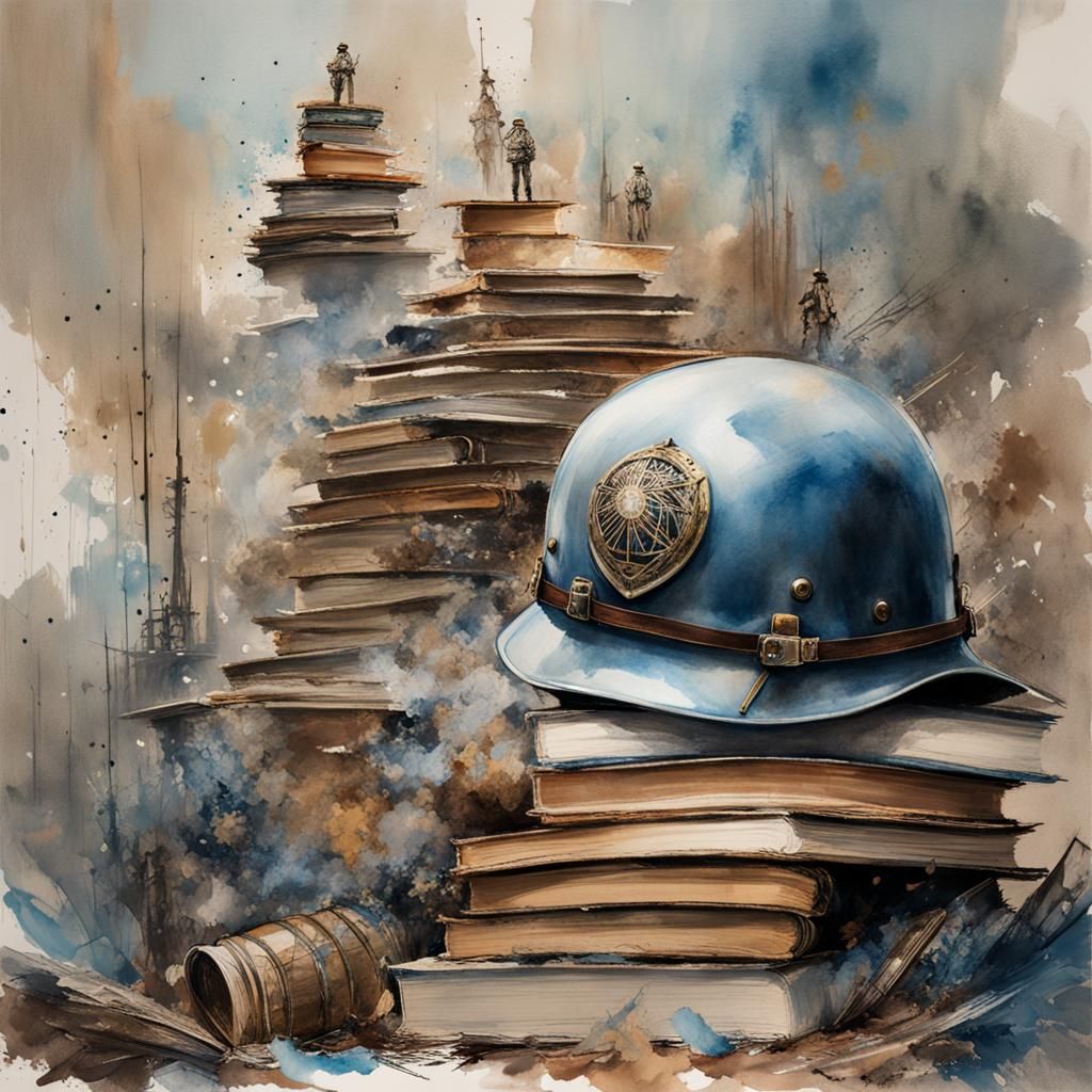 Vintage Books and Helmet in Watercolor Style