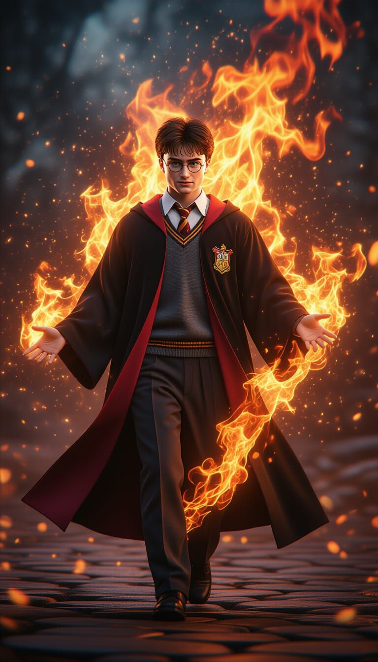 Harry Potter Engulfed in Magic Flames: Hyperrealistic 3D Sce...