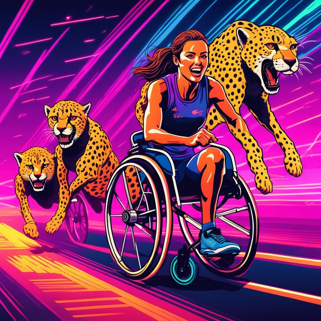 Paralympic Victory: Woman, Cheetahs, Synthwave Style