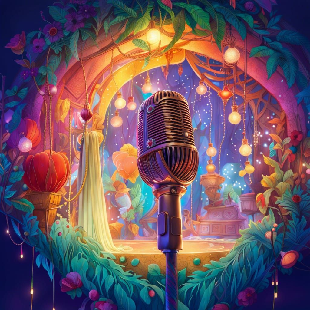 Enchanted Microphone on Whimsical Stage, Detailed Digital Ar...