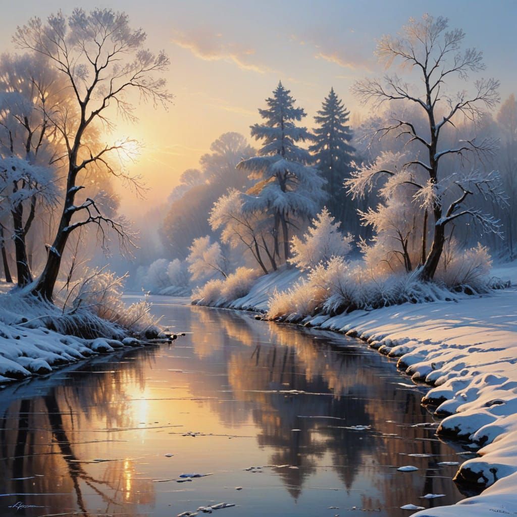 Winter River Christmas Scene in Acrylic Sfumato Style