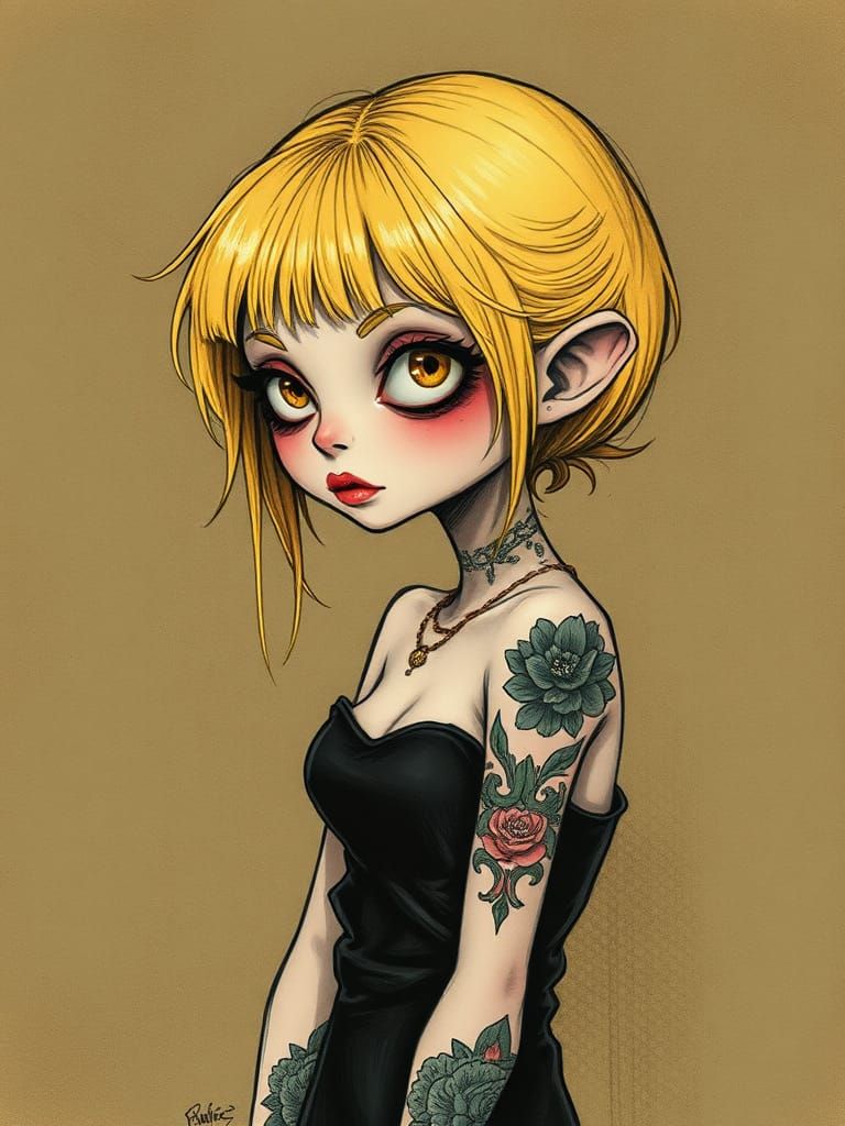 Whimsical Tattooed Girl in Expressive Style
