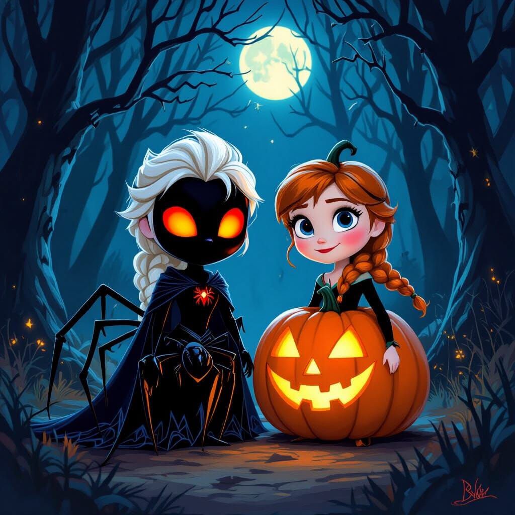Elsa and Anna in Halloween Costumes as Spider and Pumpkin
