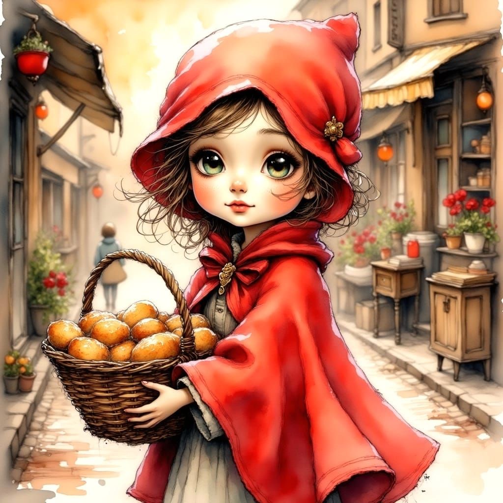 Little Girl in a Red Cape and Dress Holding a Basket
