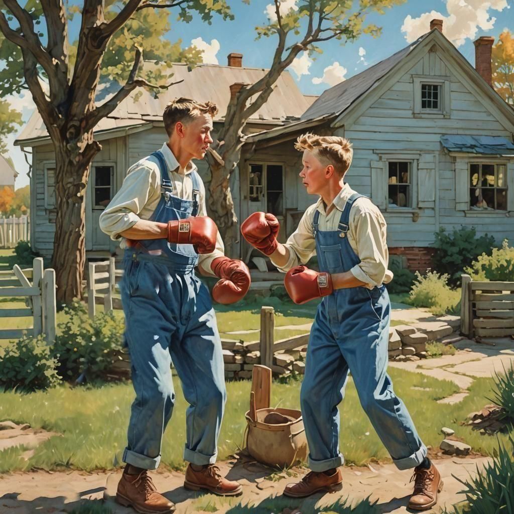 Brothers Boxing in a Farmyard, Rockwell Style