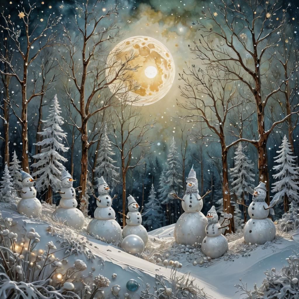 Alcohol Ink Snowmen Forest Under Crescent Moon