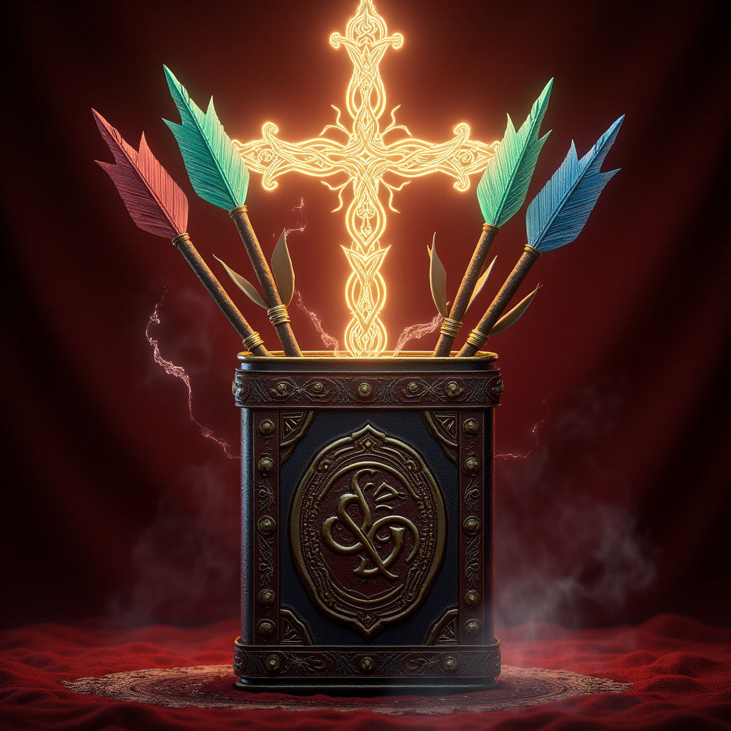 Mystical Card Quiver with Glowing Arrows and Golden Cross