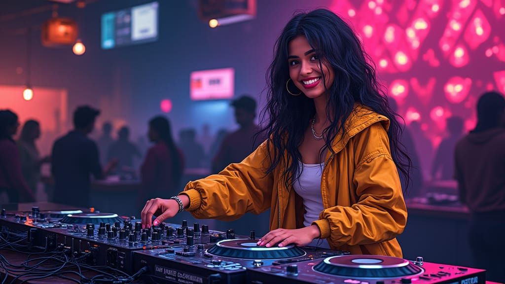 Confident Indian Woman Spins Tracks in a Vibrant Bangladeshi...