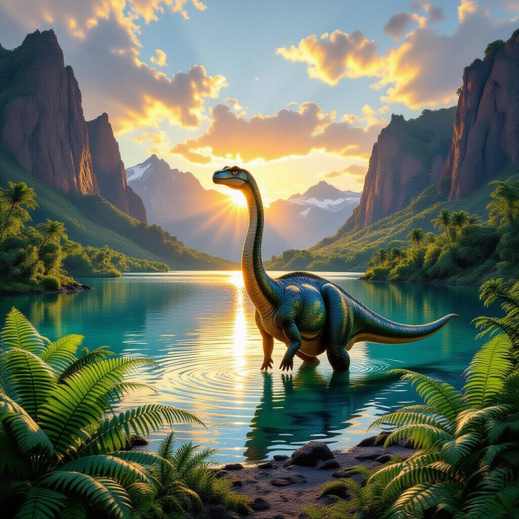 Dinosaur Drinking in Prehistoric Landscape with Shimmering S...
