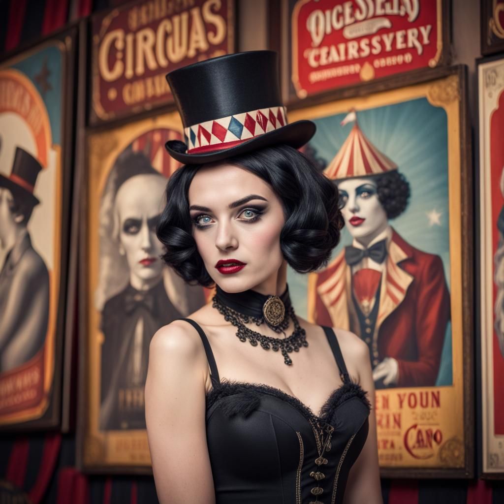 Gothic Model with Vintage Circus Posters, Professional Photo...