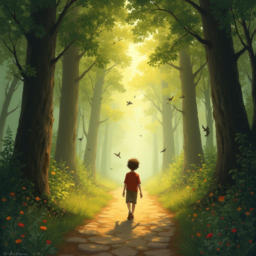 Whimsical Boy in Enchanted Forest Landscape