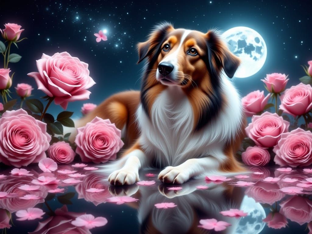Serene Sheltie Among Pink Roses Under a Full Moon