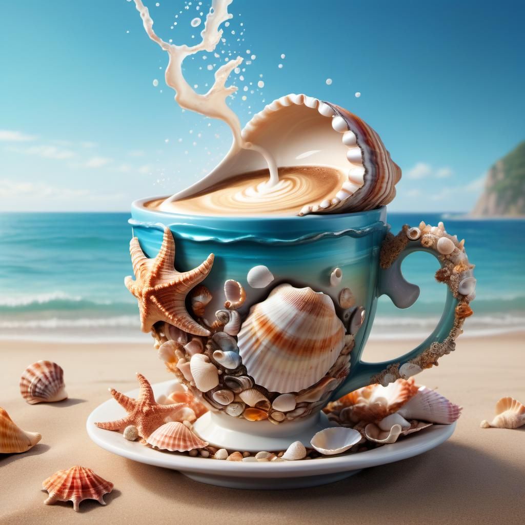 Seashell Coffee Cup in Beach Cafe: Hyperrealistic Art