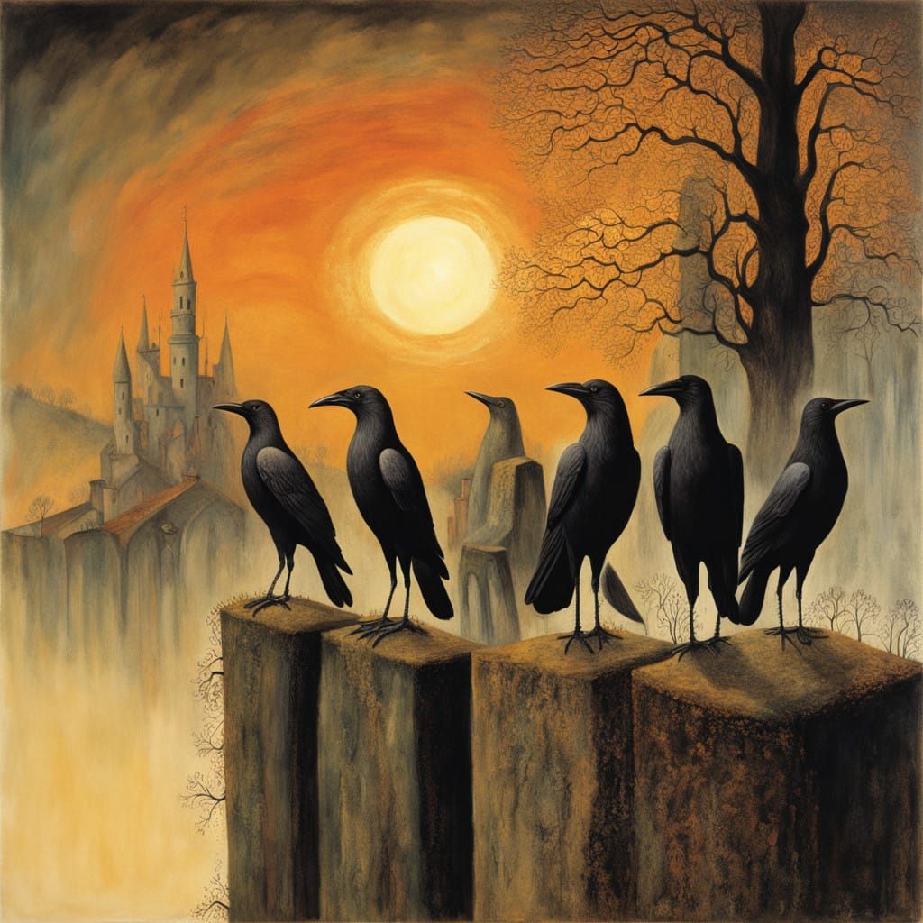 Surrealist Crows Perch on Weathered Stone Wall at Sunset