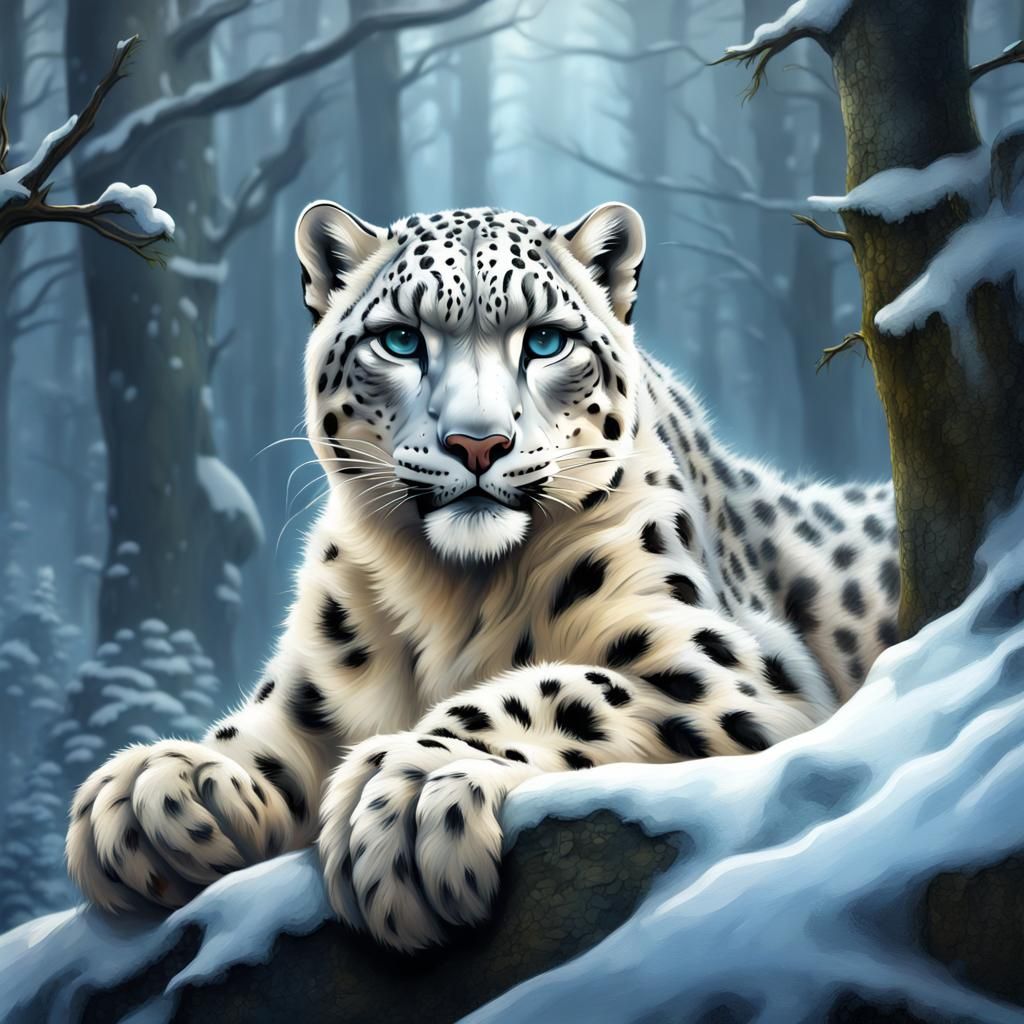 Snow Leopard Portrait in Snowy Forest, Detailed Oil Painting
