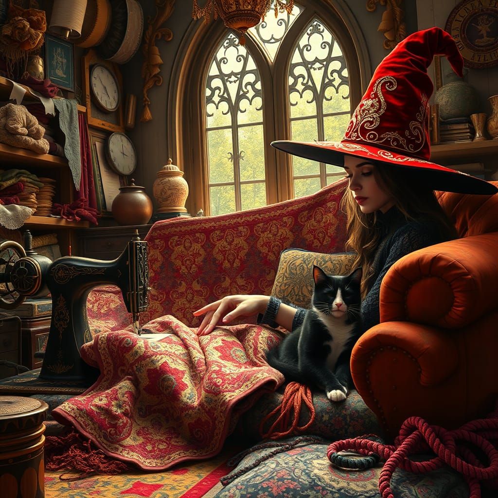 Enchanting Witch Creates Quilt in Sewing Room