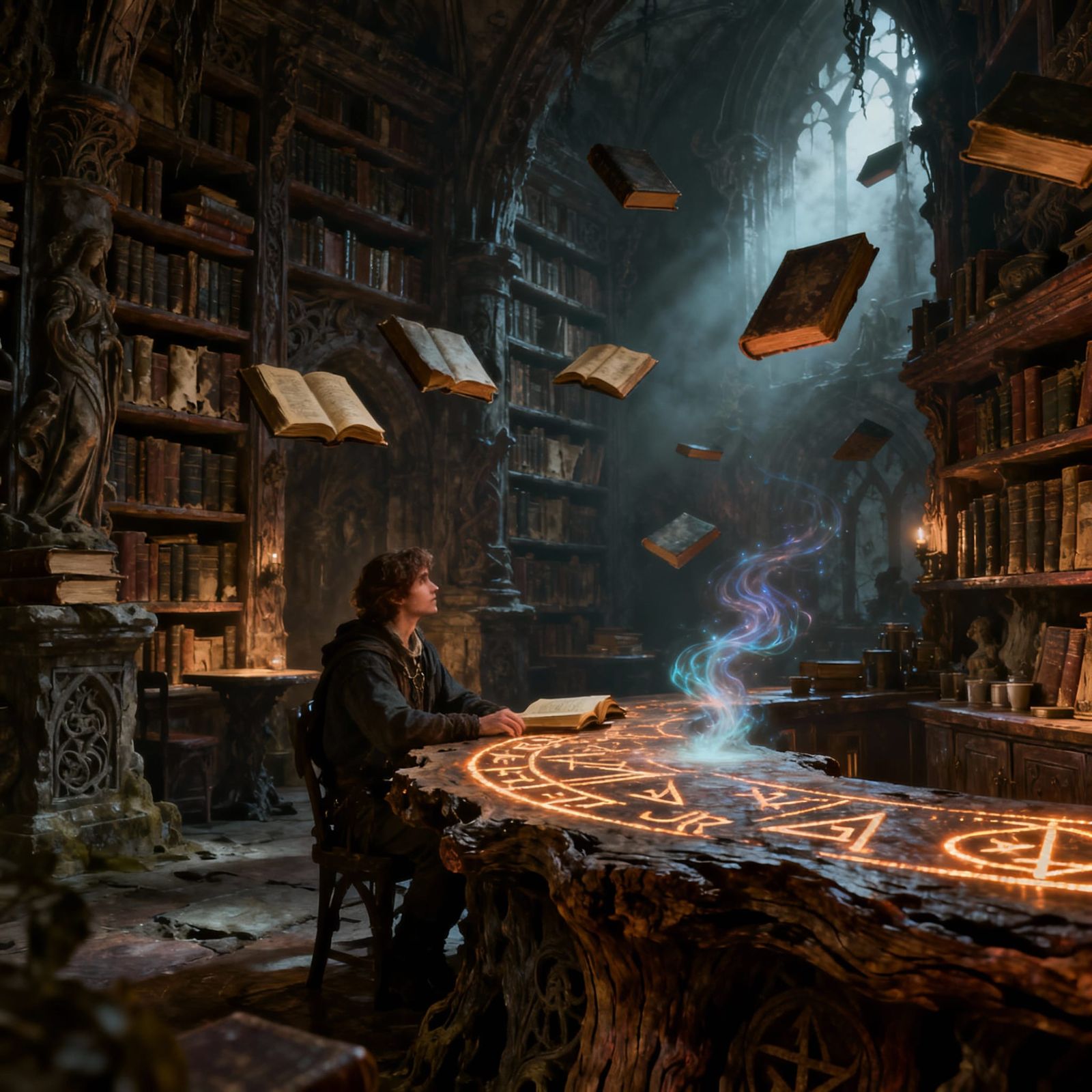 Traveler in Ancient Library Cafe with Floating Books