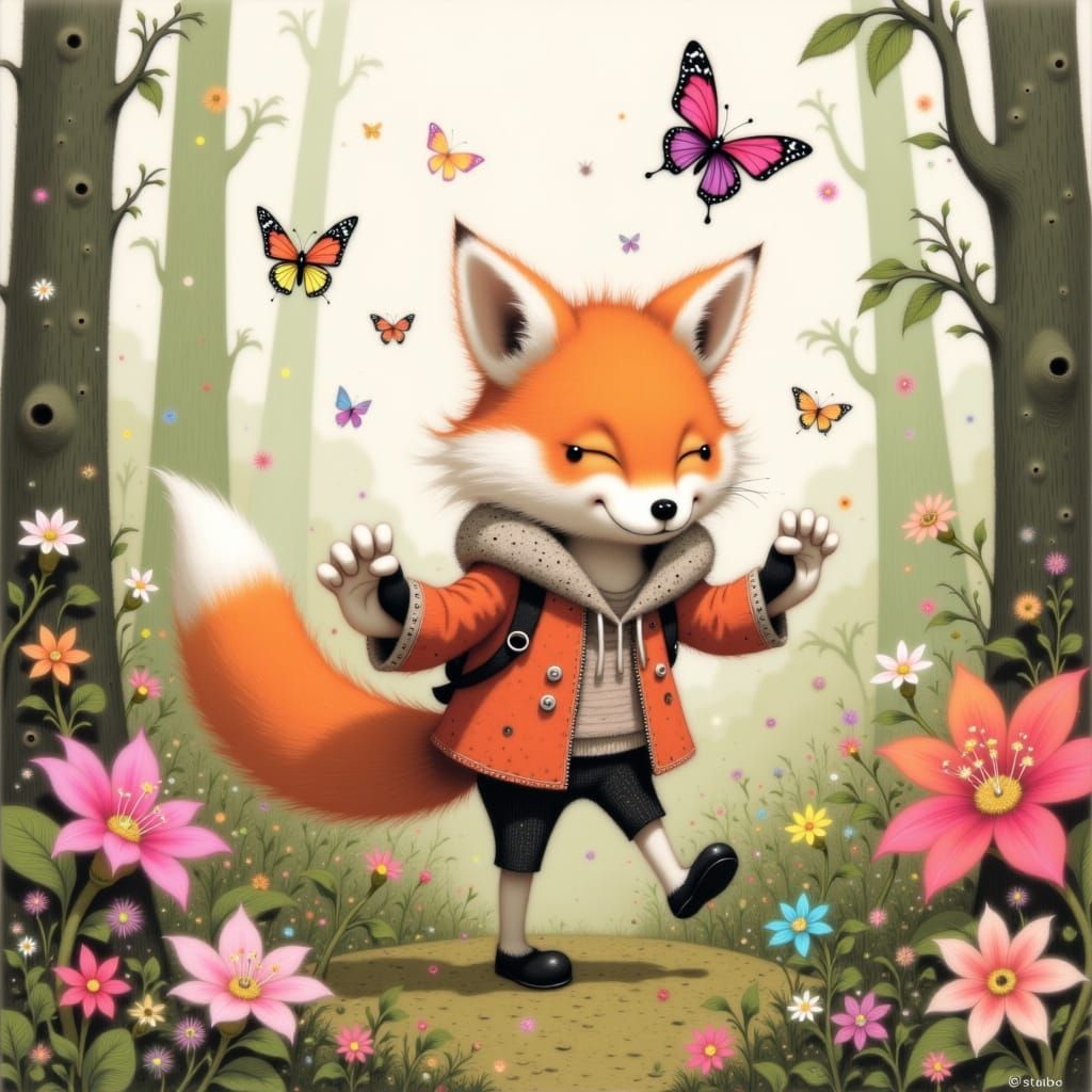 Whimsical Fox Chasing Butterflies in Woodland Scene