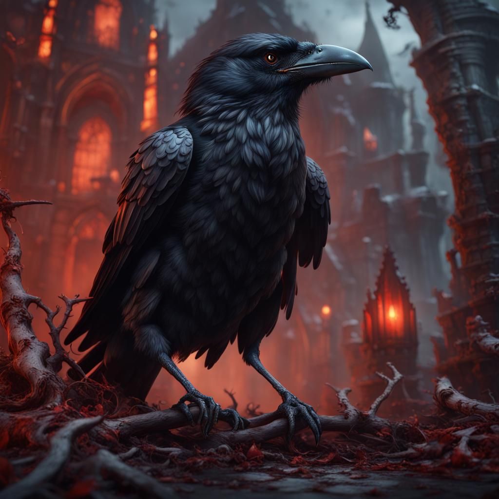 Detailed Matte Painting of a Bloodthirsty Crow
