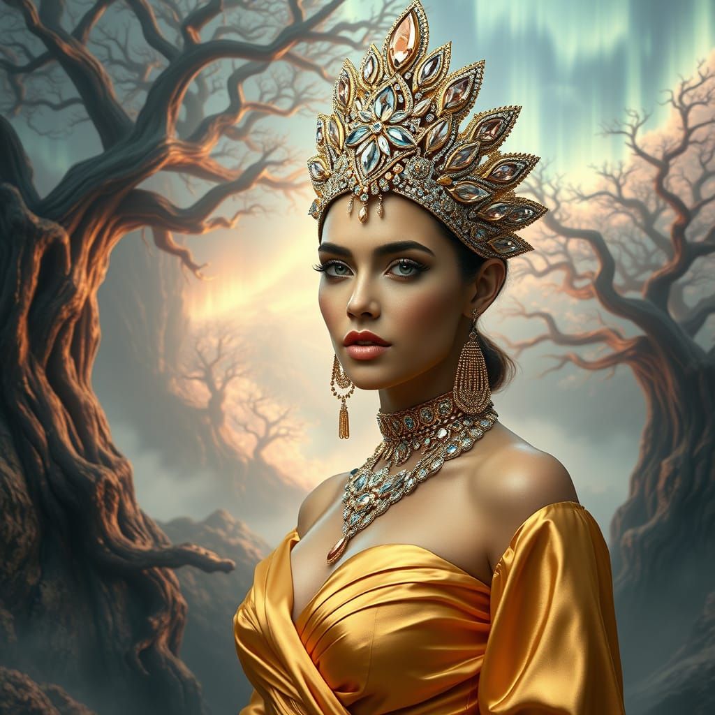 Majestic Fantasy Queen in Golden Headdress